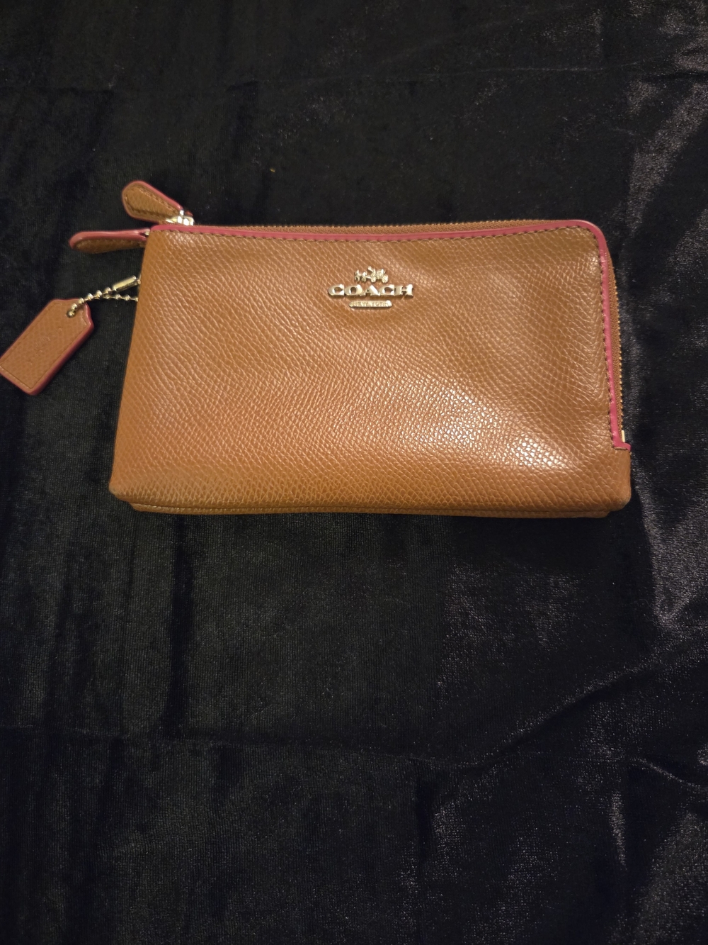 Coach Pebbled Leather Zip Pouch - Tan with Pink Trim